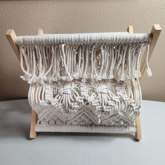 Boho Macrame Beige Cotton/Wood Foldable Magazine Rack - Picture 1 of 8